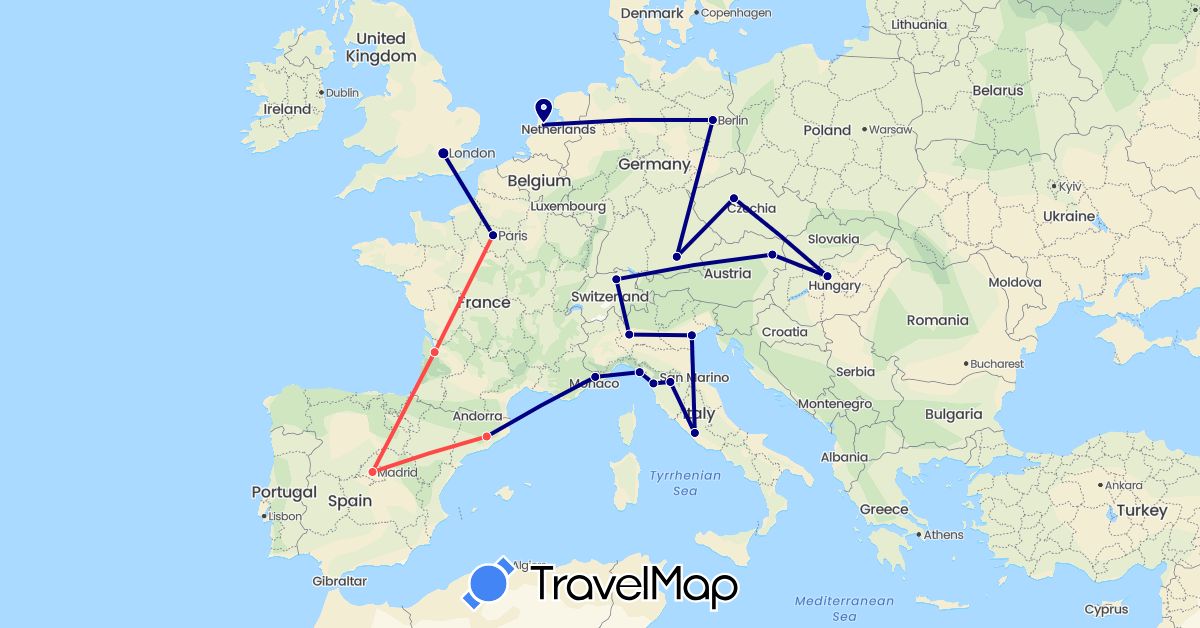 TravelMap itinerary: driving, hiking in Austria, Switzerland, Czech Republic, Germany, Spain, France, United Kingdom, Hungary, Italy, Netherlands (Europe)